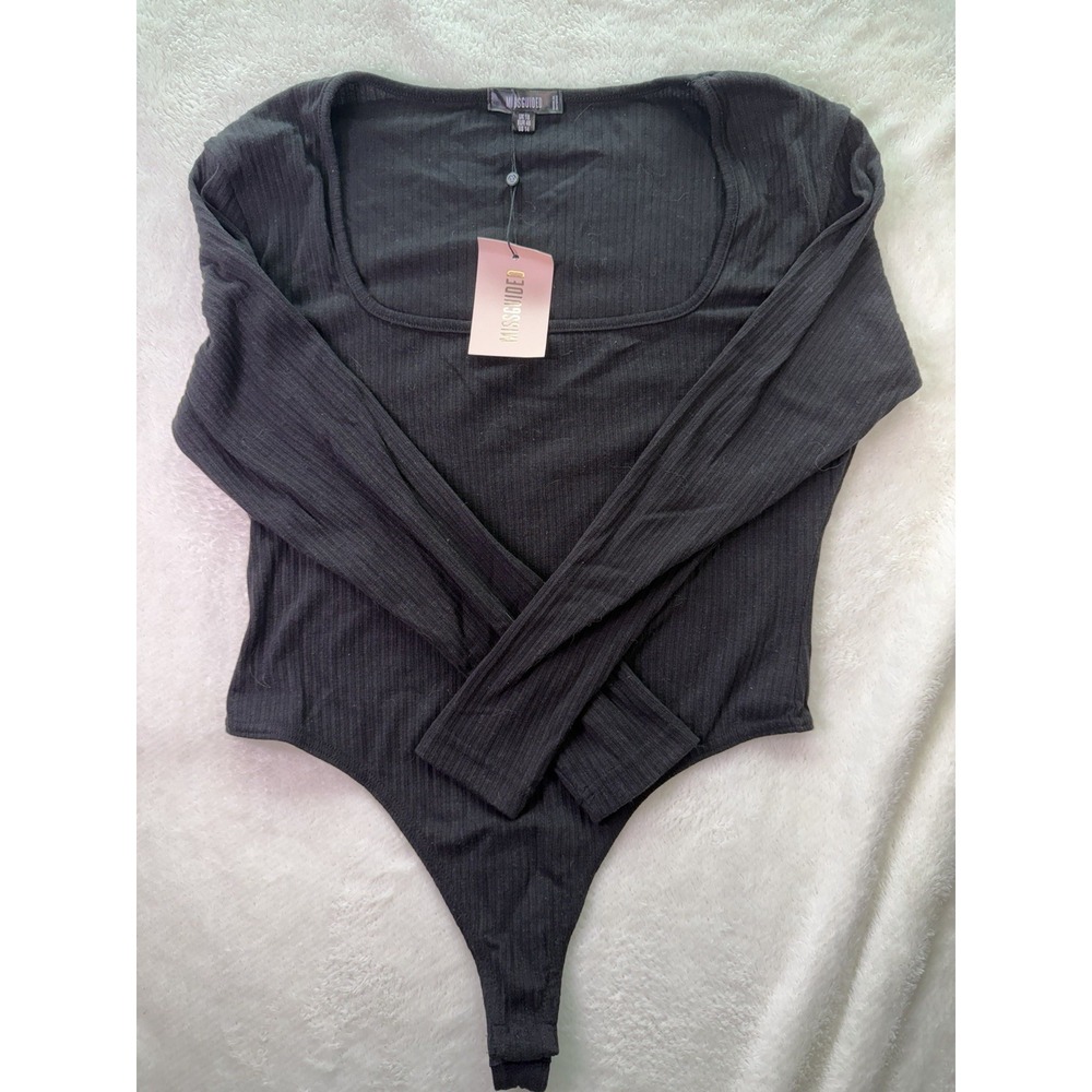 Missguided Black Scoop Neck Long Sleeve Bodysuit US 14 Stretch Polyester
